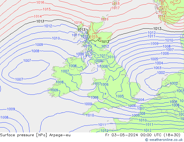 Atmosférický tlak Arpege-eu Pá 03.05.2024 00 UTC