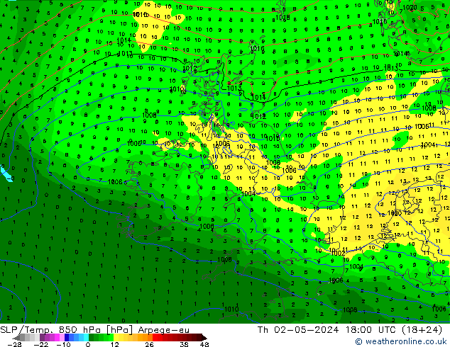 SLP/Temp. 850 hPa Arpege-eu czw. 02.05.2024 18 UTC