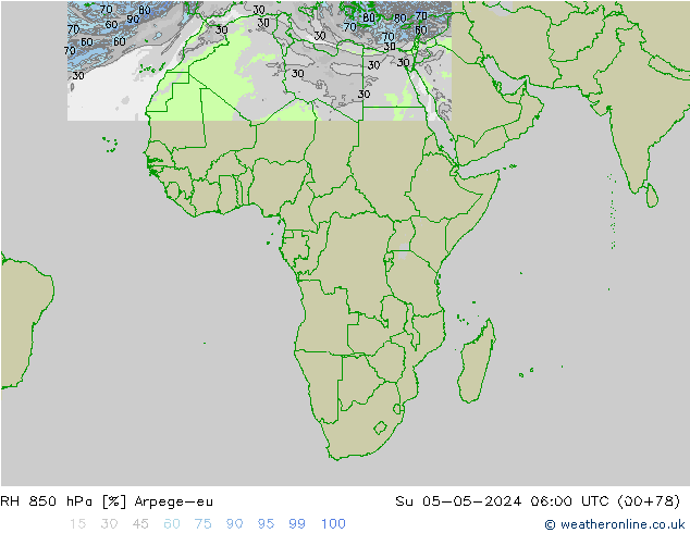 RH 850 гПа Arpege-eu Вс 05.05.2024 06 UTC