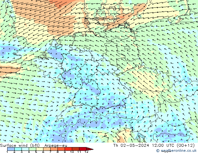 Surface wind (bft) Arpege-eu Čt 02.05.2024 12 UTC
