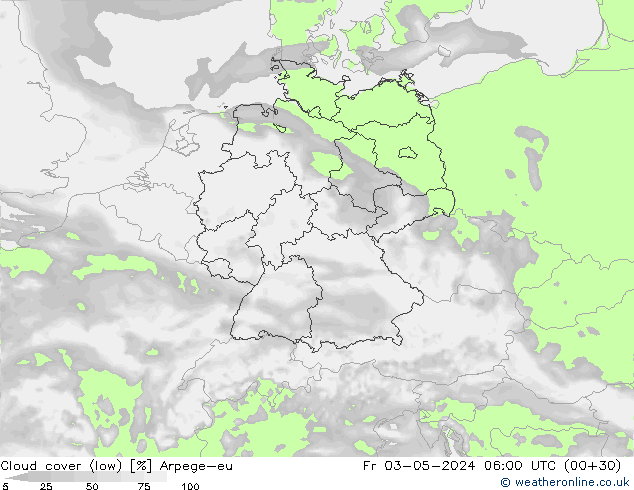 Cloud cover (low) Arpege-eu Fr 03.05.2024 06 UTC