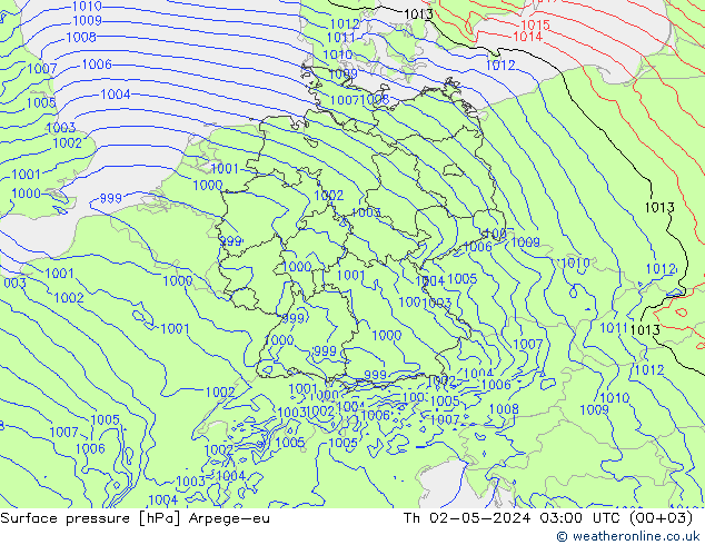 地面气压 Arpege-eu 星期四 02.05.2024 03 UTC