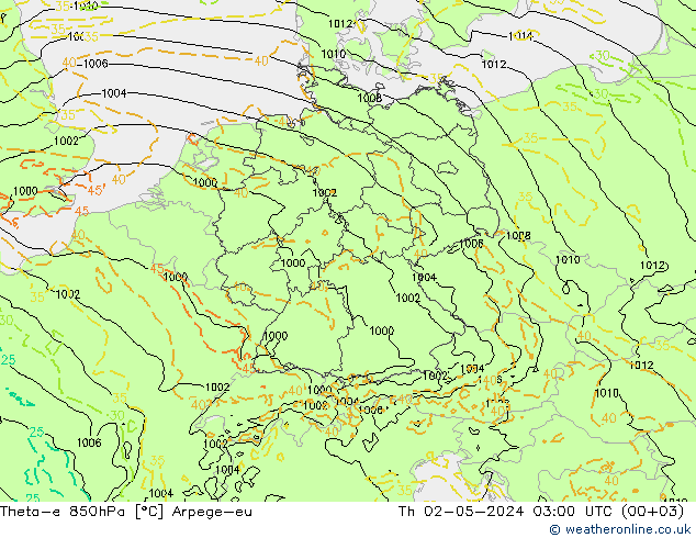 Theta-e 850hPa Arpege-eu gio 02.05.2024 03 UTC