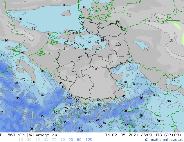 RH 850 hPa Arpege-eu 星期四 02.05.2024 03 UTC