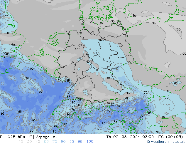 Humidité rel. 925 hPa Arpege-eu jeu 02.05.2024 03 UTC