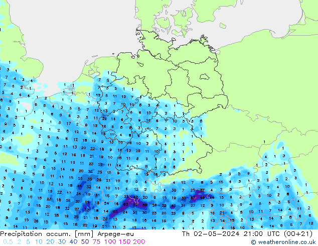 Precipitation accum. Arpege-eu чт 02.05.2024 21 UTC