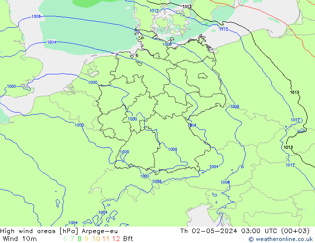 High wind areas Arpege-eu Čt 02.05.2024 03 UTC