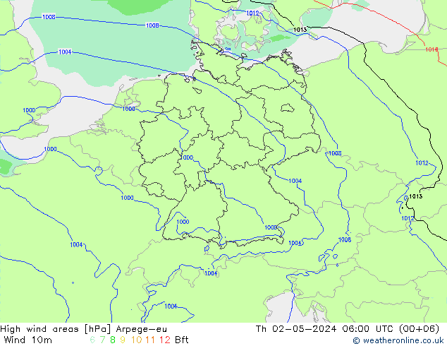 High wind areas Arpege-eu gio 02.05.2024 06 UTC