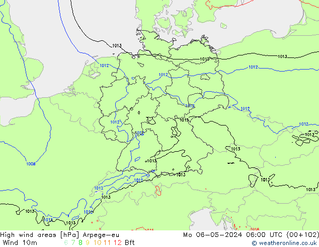 High wind areas Arpege-eu Mo 06.05.2024 06 UTC