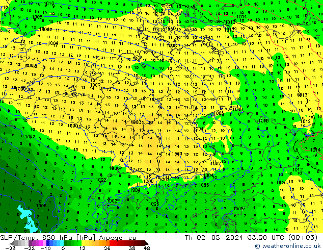 SLP/Temp. 850 гПа Arpege-eu чт 02.05.2024 03 UTC