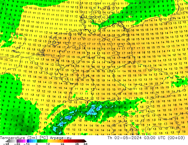 Temperaturkarte (2m) Arpege-eu Do 02.05.2024 03 UTC