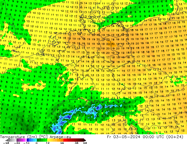 温度图 Arpege-eu 星期五 03.05.2024 00 UTC