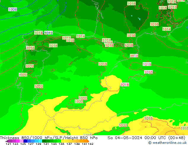 Dikte 850-1000 hPa Arpege-eu za 04.05.2024 00 UTC