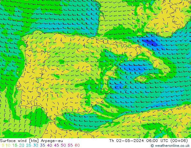 Surface wind Arpege-eu Th 02.05.2024 06 UTC