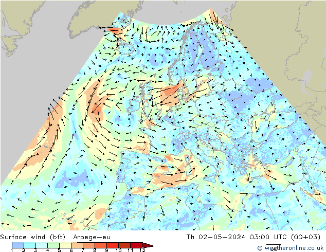 Viento 10 m (bft) Arpege-eu jue 02.05.2024 03 UTC