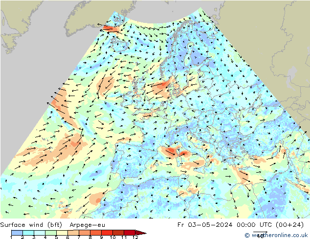 Surface wind (bft) Arpege-eu Fr 03.05.2024 00 UTC