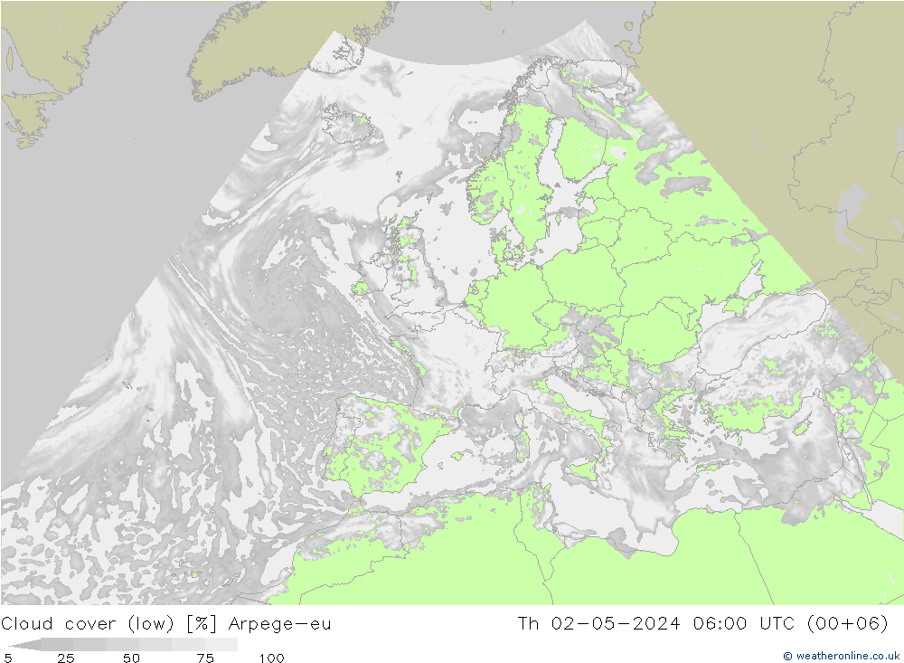 Cloud cover (low) Arpege-eu Th 02.05.2024 06 UTC