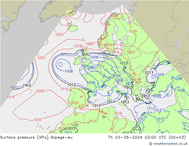 Presión superficial Arpege-eu jue 02.05.2024 03 UTC