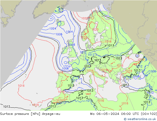 Surface pressure Arpege-eu Mo 06.05.2024 06 UTC