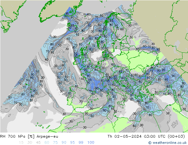 Humedad rel. 700hPa Arpege-eu jue 02.05.2024 03 UTC