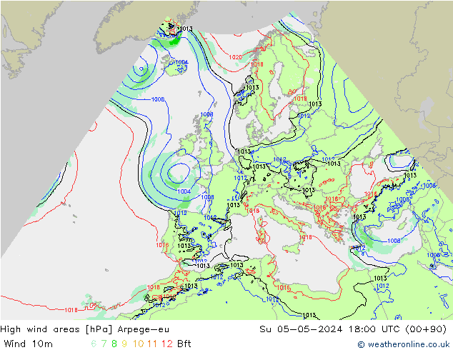 High wind areas Arpege-eu Su 05.05.2024 18 UTC