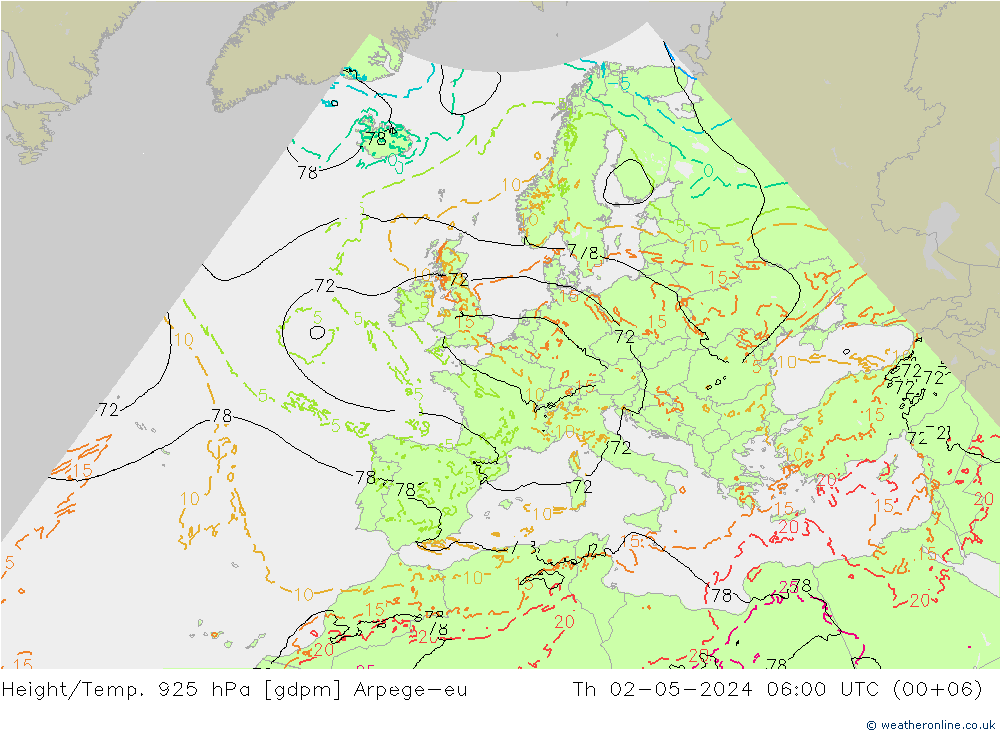 Height/Temp. 925 hPa Arpege-eu Th 02.05.2024 06 UTC