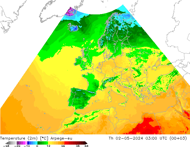 Sıcaklık Haritası (2m) Arpege-eu Per 02.05.2024 03 UTC