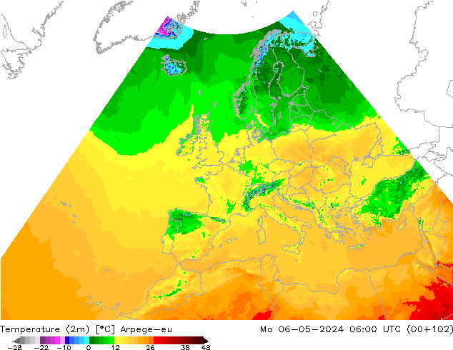 Temperatuurkaart (2m) Arpege-eu ma 06.05.2024 06 UTC