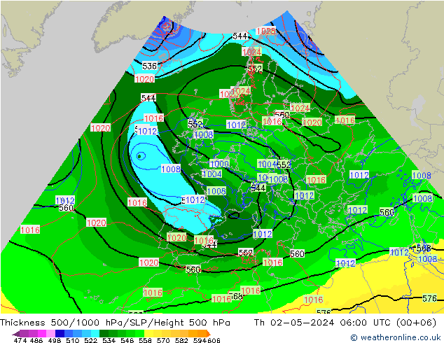 Espesor 500-1000 hPa Arpege-eu jue 02.05.2024 06 UTC