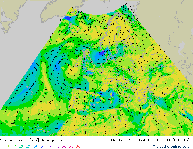 Surface wind Arpege-eu Th 02.05.2024 06 UTC