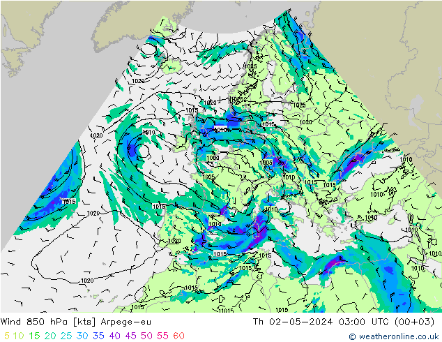 Wind 850 hPa Arpege-eu Do 02.05.2024 03 UTC