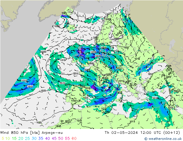 Vento 850 hPa Arpege-eu Qui 02.05.2024 12 UTC