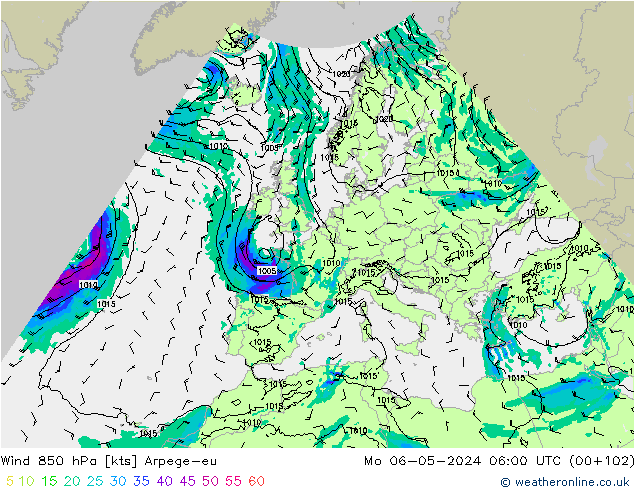 Vento 850 hPa Arpege-eu lun 06.05.2024 06 UTC