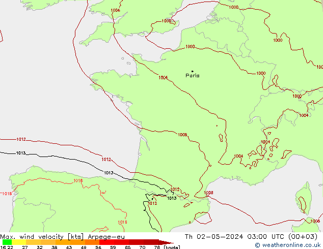 Max. wind velocity Arpege-eu gio 02.05.2024 03 UTC