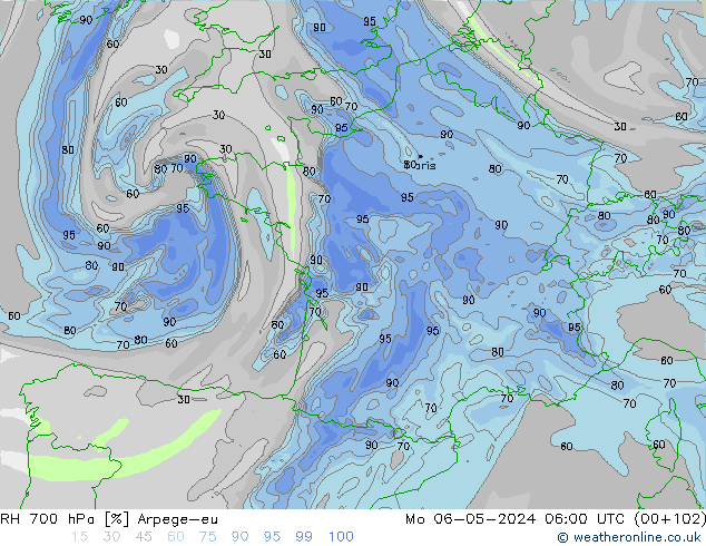 Humidité rel. 700 hPa Arpege-eu lun 06.05.2024 06 UTC