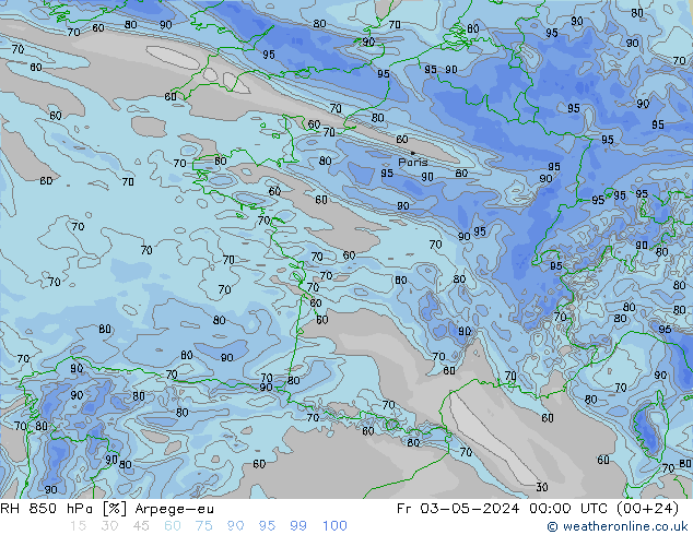 RH 850 гПа Arpege-eu пт 03.05.2024 00 UTC