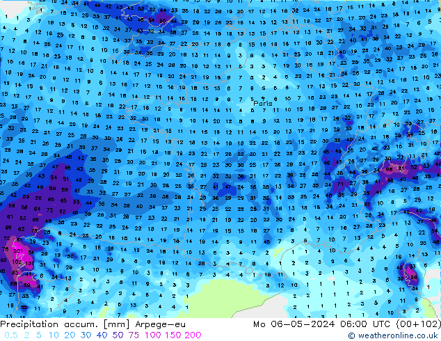 Precipitation accum. Arpege-eu  06.05.2024 06 UTC