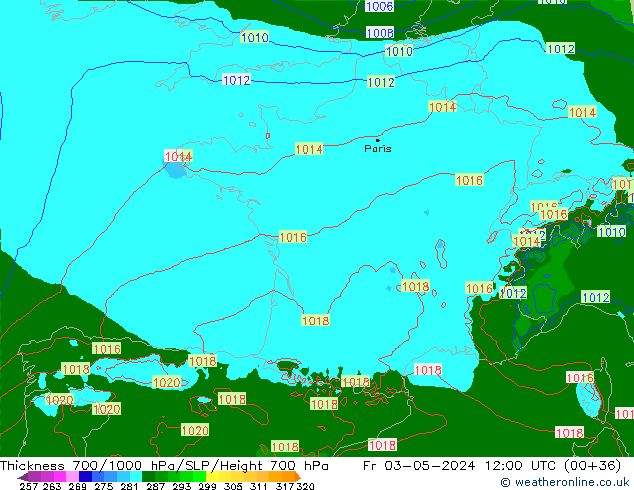 Schichtdicke 700-1000 hPa Arpege-eu Fr 03.05.2024 12 UTC