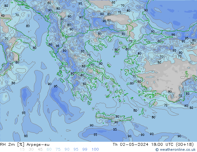 RH 2m Arpege-eu Čt 02.05.2024 18 UTC