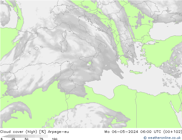 Cloud cover (high) Arpege-eu Mo 06.05.2024 06 UTC