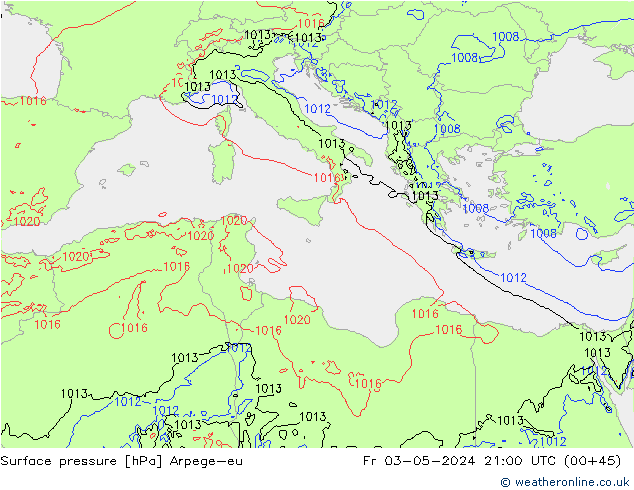 Pressione al suolo Arpege-eu ven 03.05.2024 21 UTC