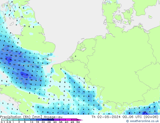 Totale neerslag (6h) Arpege-eu do 02.05.2024 06 UTC