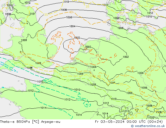 Theta-e 850hPa Arpege-eu Pá 03.05.2024 00 UTC