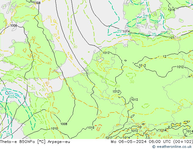 Theta-e 850hPa Arpege-eu pon. 06.05.2024 06 UTC