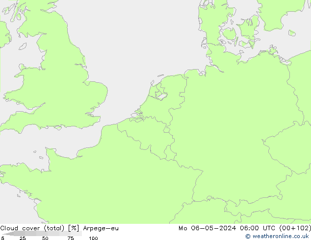 Cloud cover (total) Arpege-eu Po 06.05.2024 06 UTC