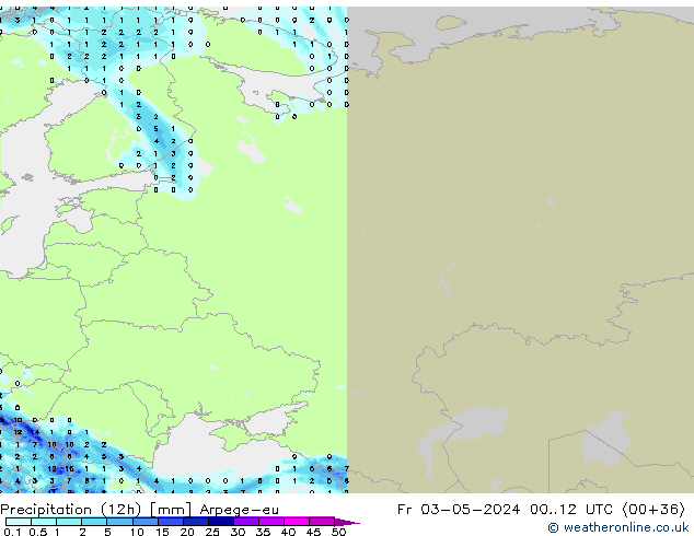 Totale neerslag (12h) Arpege-eu vr 03.05.2024 12 UTC