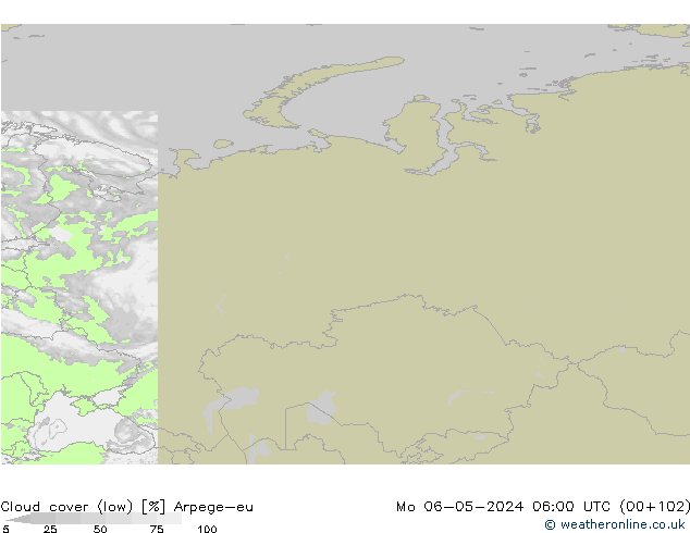 Cloud cover (low) Arpege-eu Mo 06.05.2024 06 UTC
