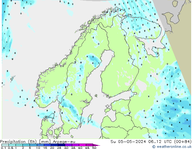 Precipitation (6h) Arpege-eu Su 05.05.2024 12 UTC