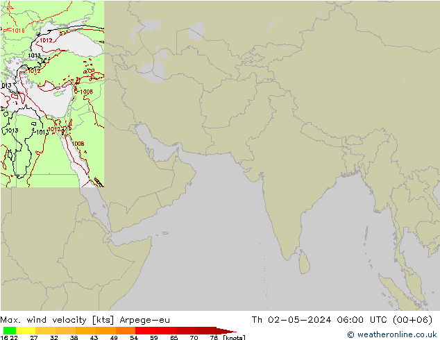 Max. wind velocity Arpege-eu Th 02.05.2024 06 UTC