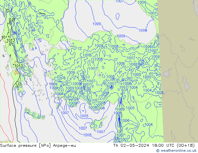 Pressione al suolo Arpege-eu gio 02.05.2024 18 UTC